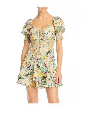Alice + Olivia Cream Floral Puff-Sleeve Mini Dress